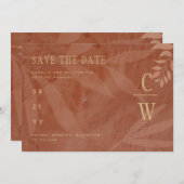 モダンな秋のウェディング テラコッタ ゴールドの葉 セーブザデート (正面/裏面)