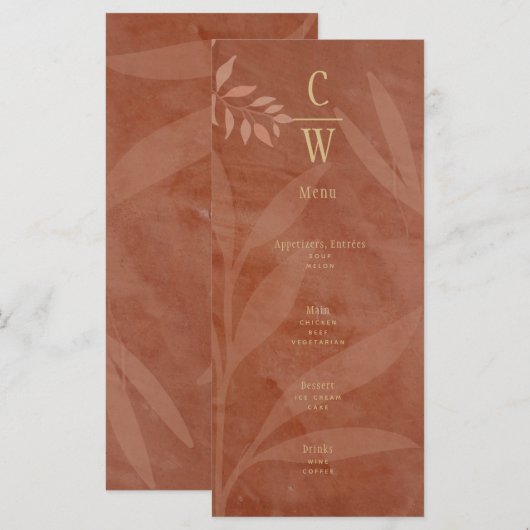 モダンな秋のウェディング テラコッタ ゴールド リーフ メニュー (正面/裏面)