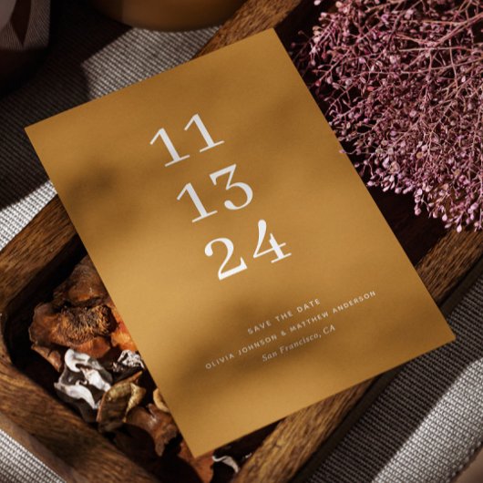 モダンな秋のマスタードイエロー ミニマルウェディング セーブザデート