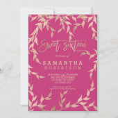 モダンな秋のローズゴールドの枝 マグエンタピンク Sweet 16 招待状 (正面)