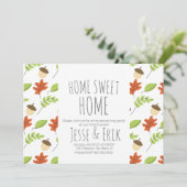 モダンな秋の木々とどんぐりの家の暖かさパーティー 招待状 (スタンド正面)