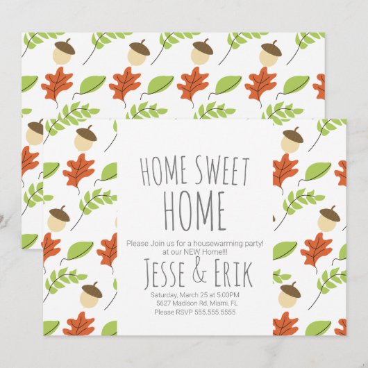 モダンな秋の木々とどんぐりの家の暖かさパーティー 招待状 (正面/裏面)