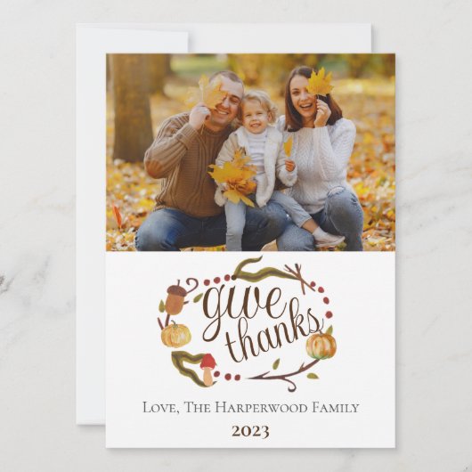 モダンな秋の水彩画を使った感謝祭の家族写真 シーズンカード (正面)