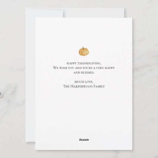 モダンな秋の水彩画を使った感謝祭の家族写真 シーズンカード (裏面)