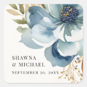 モダンな秋の花のブルーアイボリー水彩結婚式 スクエアシール (正面)