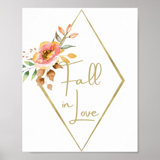 モダンな秋の花の結婚式で恋に落ちるサイン ポスター (正面)