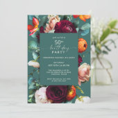 モダンな秋の花柄 ティール 50歳の誕生日パーティー 招待状 (スタンド正面)