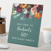 モダンな秋の花・ティール色の60歳の誕生日パーティー 台座サイン (インサイチュ)