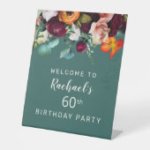 モダンな秋の花・ティール色の60歳の誕生日パーティー 台座サイン (正面)