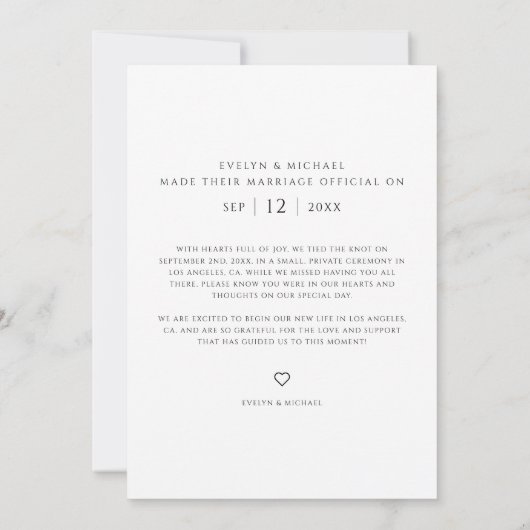 モダンな秘密の結婚式 私たち結婚しました ウェディングフォト 案内状 (裏面)