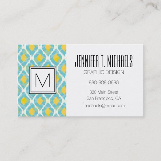 モダンな種族のイカットの青く黄色いファッション 名刺 (正面)