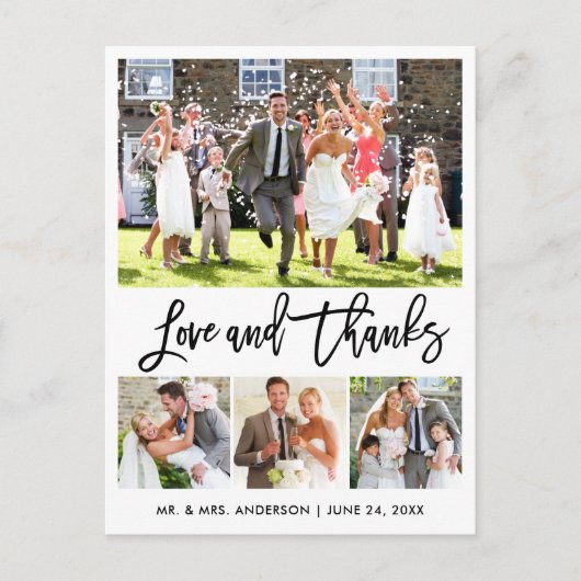 モダンな筆記体で愛と感謝を伝える結婚式の写真4枚 ポストカード (正面)