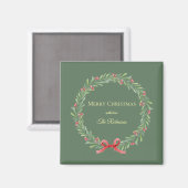 モダンな筆記体で描かれた植物のクリスマスリース マグネット (正面/裏面)