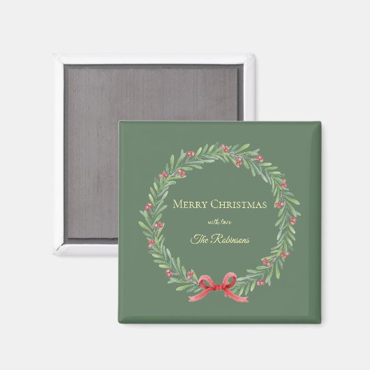 モダンな筆記体で描かれた植物のクリスマスリース マグネット (正面/裏面)
