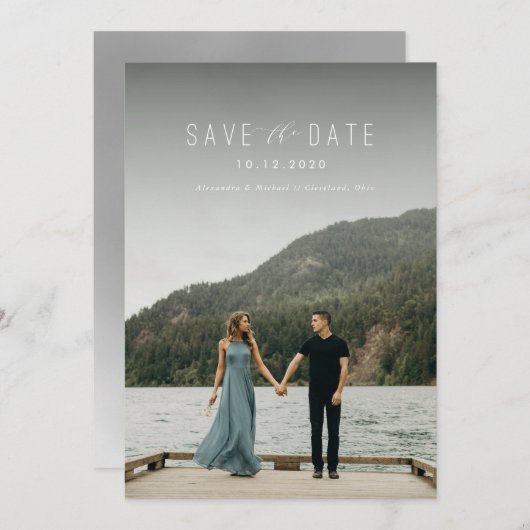 モダンな筆記体で「Save the Date」ホワイト セーブザデート (正面/裏面)