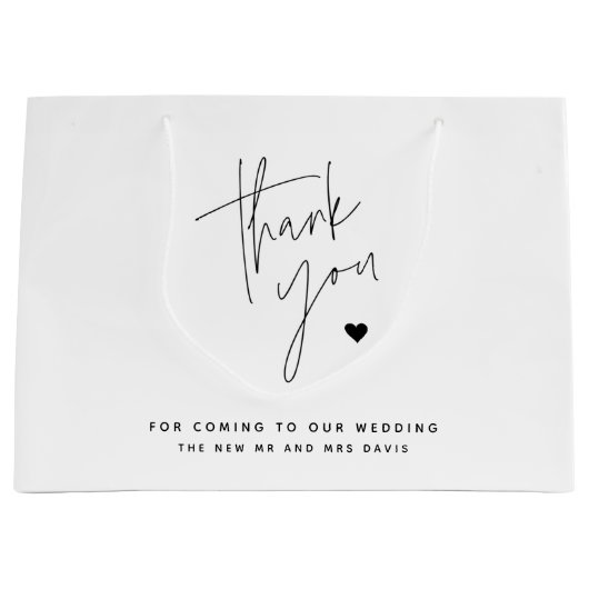モダンな筆記体のシンプルハートウェディングサンクス ラージペーパーバッグ (正面)