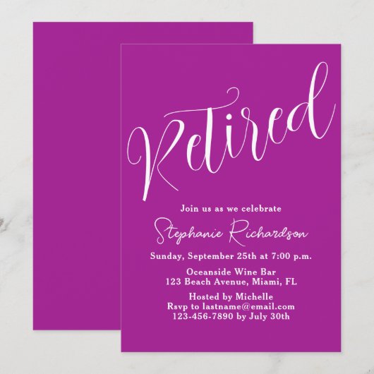 モダンな筆記体 ダークピンクの退職祝い 招待状 (正面/裏面)