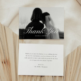 モダンな筆記体 黒と白の結婚式の写真 サンキューカード