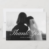 モダンな筆記体 黒と白の結婚式の写真 サンキューカード (正面)