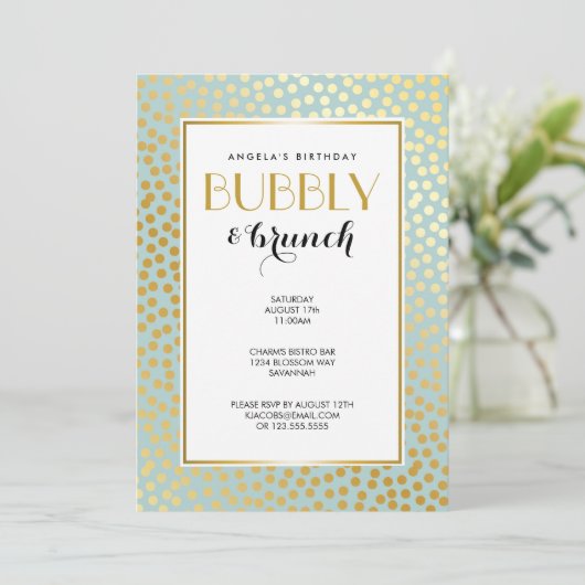 モダンな紙吹雪の水玉模様パターンミントおよび金ゴールド 招待状 (スタンド正面)