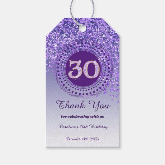 モダンな紫のラメの落下するデザインの30歳の誕生日 ギフトタグ (正面)