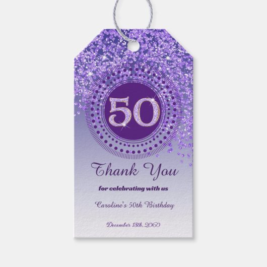 モダンな紫のラメの50歳の誕生日 ギフトタグ (正面)