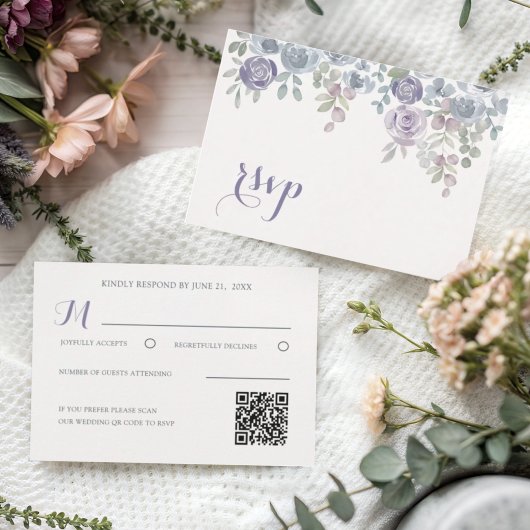 モダンな紫の花のRSVP ウェディング 出欠カード