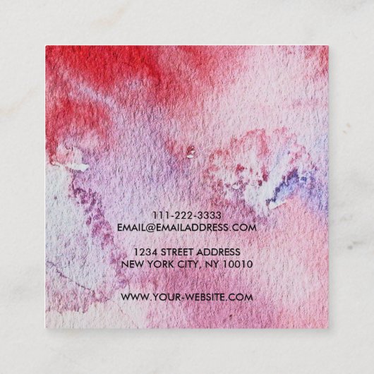 モダンな紫系統の水彩画の（ばちゃばちゃ）跳ねるのしぶき スクエア名刺 (裏面)