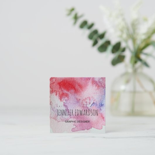 モダンな紫系統の水彩画の(ばちゃばちゃ)跳ねるのしぶき スクエア名刺 (スタンド正面)