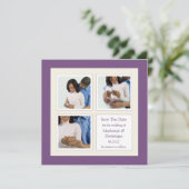 モダンな紫色およびクリーム色の写真の保存日付 セーブザデート (スタンド正面)