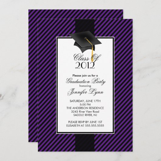 モダンな紫色のストライプの卒業のパーティの招待状 招待状 (正面/裏面)