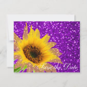 モダンな紫色のヒマワリの花の結婚式のグリッター セーブザデート (正面)
