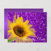 モダンな紫色のヒマワリの花の結婚式のグリッター セーブザデート (正面/裏面)