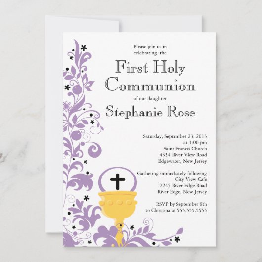 モダンな紫色の最初に花柄の聖餐式 招待状 (正面)