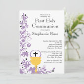 モダンな紫色の最初に花柄の聖餐式 招待状 (スタンド正面)