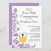 モダンな紫色の最初に花柄の聖餐式 招待状 (正面/裏面)