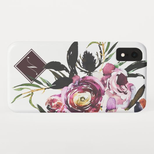 モダンな紫色の水彩画のシックな花のモノグラム Case-Mate iPhoneケース (裏面(横))