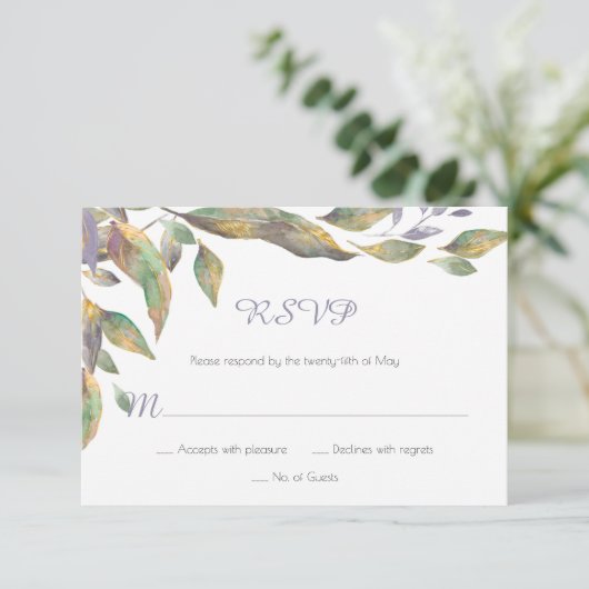 モダンな紫色の緑金ゴールドの水彩画はRSVP |を去ります 出欠カード (スタンド正面)