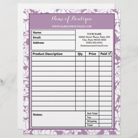 モダンな紫色の花のガーリーな美容院の注文用紙 レターヘッド (正面/裏面)