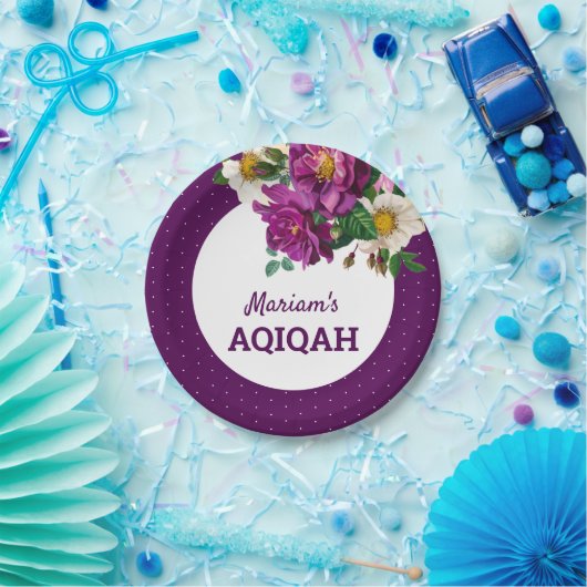 モダンな紫色の花の水玉模様Aqiqah ペーパープレート (パーティー)