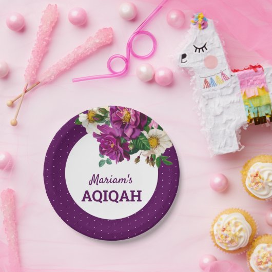 モダンな紫色の花の水玉模様Aqiqah ペーパープレート (パーティー)