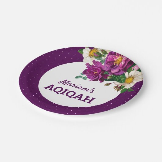 モダンな紫色の花の水玉模様Aqiqah ペーパープレート (アングル)