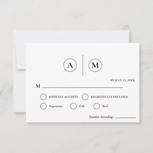 モダンな結婚式にぴったりなミニマリストRSVPカード | シンプルな黒と白 招待状 (正面)