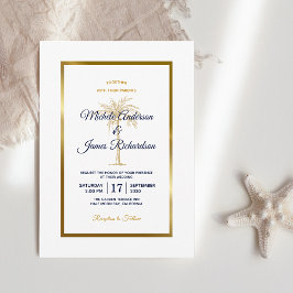 モダンな結婚式にふさわしいネイビーとホワイトゴールドのヤシの木のモチーフ 招待状