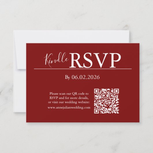 モダンな結婚式のためのレッドRSVP QRコードカード 出欠カード (正面)