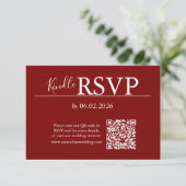 モダンな結婚式のためのレッドRSVP QRコードカード 出欠カード (スタンド正面)
