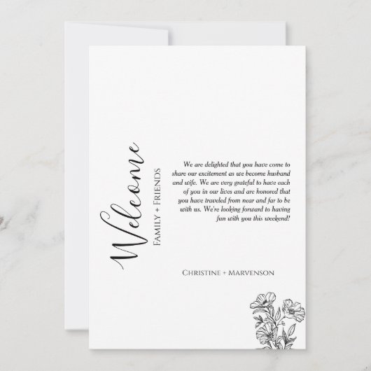 モダンな結婚式のウェルカムメッセージと週間予定 招待状 (正面)