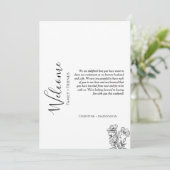 モダンな結婚式のウェルカムメッセージと週間予定 招待状 (スタンド正面)