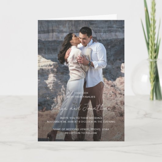 モダンな結婚式のエレガントな写真QRコード 招待状 (正面)