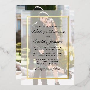 モダンな結婚式のオーバーレイ フロント+バック写真 ゴールド 箔招待状